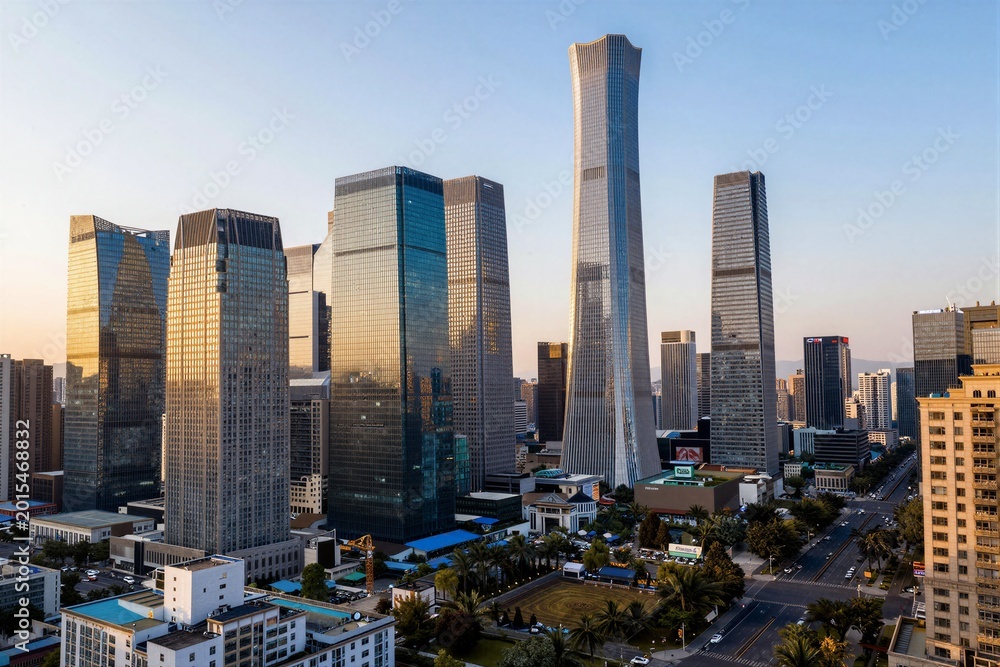 Obraz premium City skyline with modern skyscrapers at golden hour