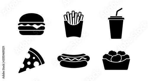 Obraz na płótnie Fast Food Icons Set, Burger Pizza Hot Dog Drink Fries Nuggets Vector Graphics