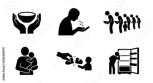 Tableau sur toile Poverty and Hunger Icons: Food Scarcity, Charity, Social Issues, Family Support