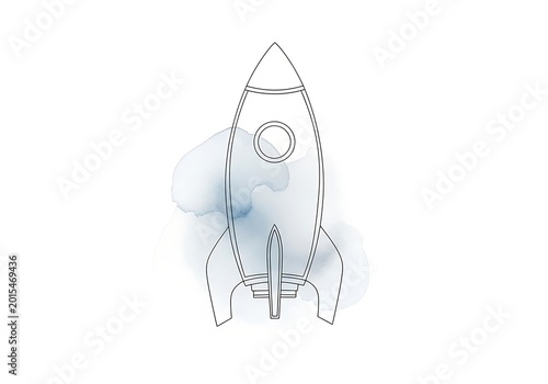 A sleek rocket ship blasts off into the sky with cloudy trails behind.