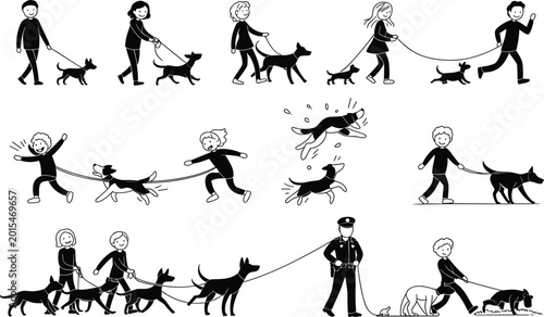 Tableau sur toile Diverse people walking dogs, playing with dogs, and a police officer with a dog