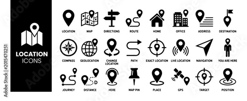 Obraz na płótnie Location icon set with map, pin, navigation, distance, direction and address symbols in solid vector style