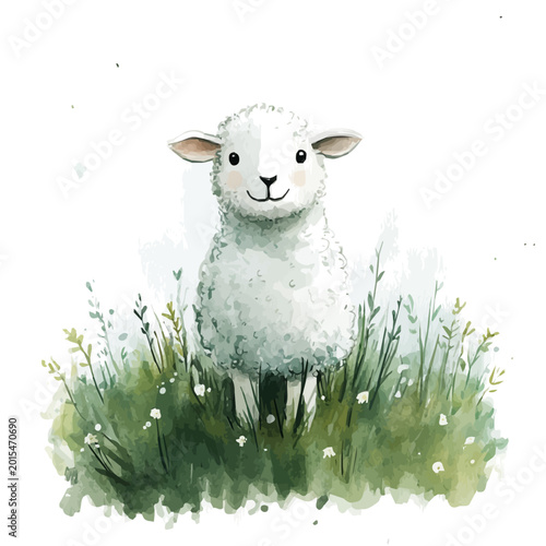 Cute Lambs Green Meadow, watercolor with intricate brush textures and gentle highlights, isolated on a white background.