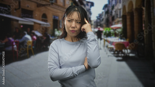 Schilderij op canvas Young asian woman pointing finger with crossed arms and visible nose ring in a busy street cafe alley, summer daylight, narrow stone lane; annoyance doubt