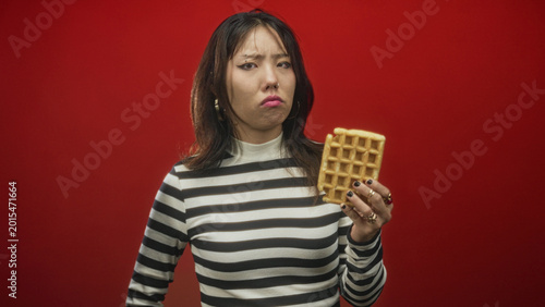 Schilderij op canvas Young chinese woman holds waffle in hand, frowning with pursed lips and raised eyebrow in a red studio; disgust doubt