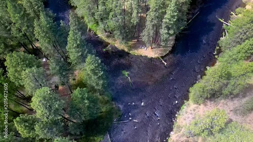 The confluence of Lake Creek and the Metolius River from above in a central Oregon forest