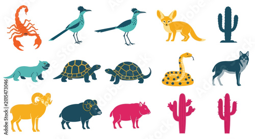 Foto Desert Animals and Cacti Collection: Scorpion, Roadrunner, Fennec Fox, Coyote, T