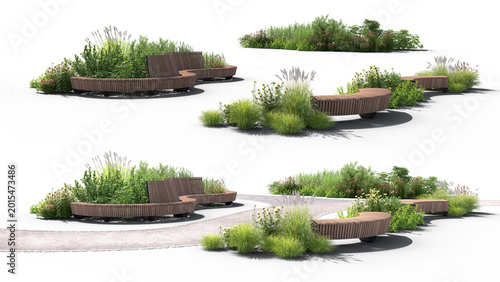 Tableau sur toile Rendered compositions of flowerbeds and park benches