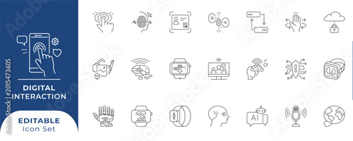 Digital Interaction AI Technology Icon Set - editable vectors for biometric security, virtual reality, and gesture control.