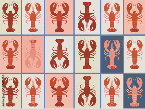 Foto Seamless Lobster Grid Pattern with Geometric Tiles and Red Crustaceans for Nauti