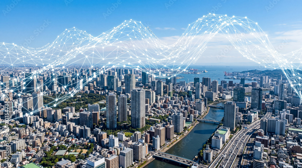 Fototapeta premium Aerial view of modern city with glowing wireless network wave lines over skyline and sea