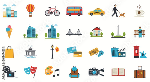 City Icons: Buildings, Transport, Hot Air Balloon, Camera, Travel Bag, and Coffee Cup