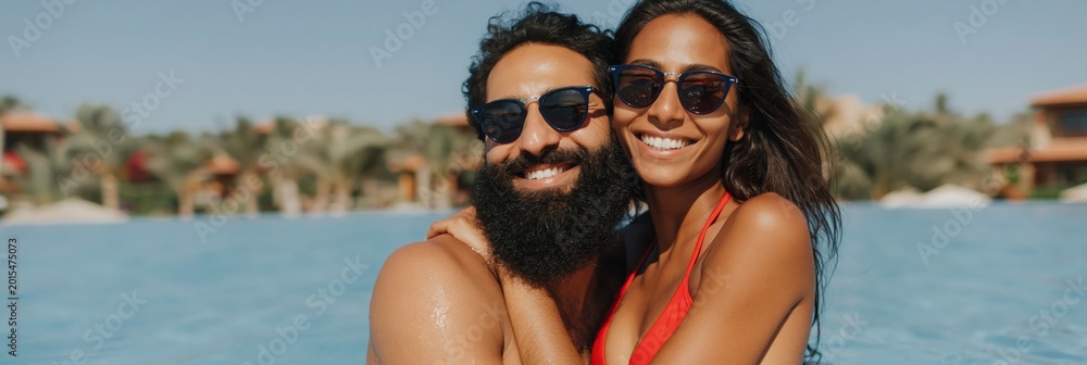Fototapeta premium Smiling couple embracing in resort pool near villas
