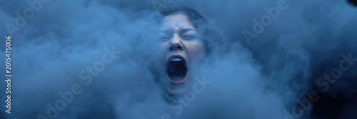 Woman screaming amid dense blue smoke in dim studio environment