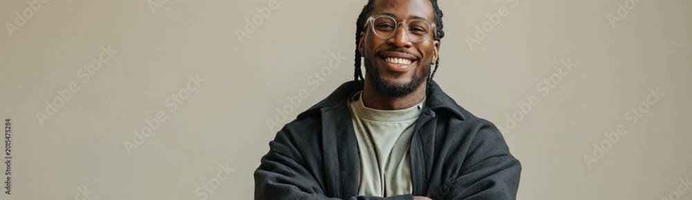 Obraz premium Man smiling with arms crossed in beige studio setting