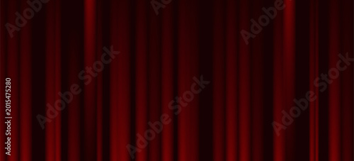 Red velvet curtain background. Closed curtains wallpaper for theater stage or cinema, circus. Red fabric drapery backdrop for award, show, performance. Velvet textile room scene banner concept. Vector