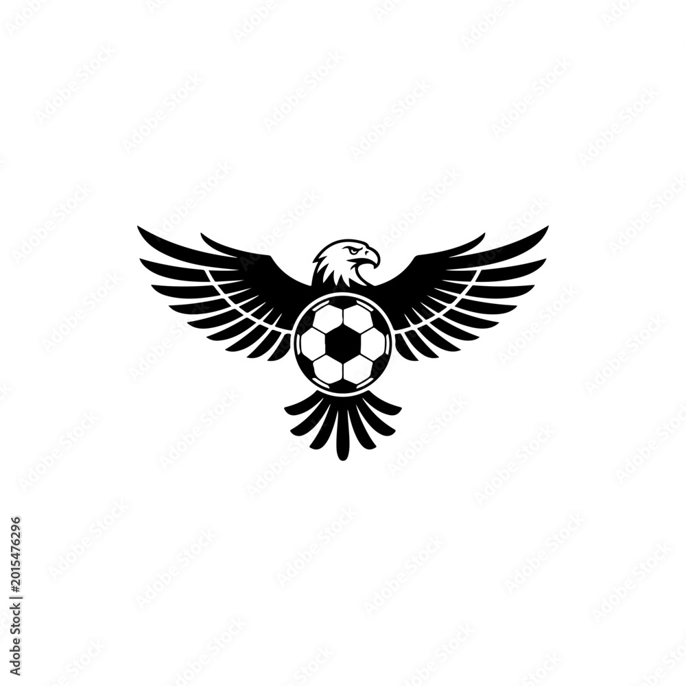 Fototapeta premium A black and white vector mascot of an eagle with spread wings integrated with a soccer ball. A powerful sports logo design representing competitive football teams.