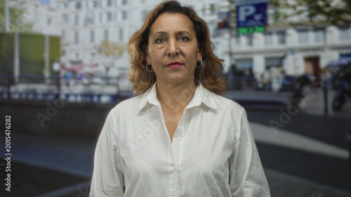 Quadro su tela Woman with closed eyes standing wearing white shirt in street near parking sign and urban building facade; serenity