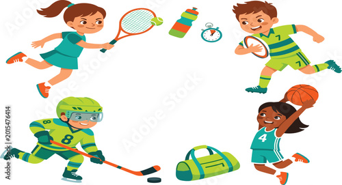 Photography Diverse children sports collection featuring kids playing tennis rugby ice hocke