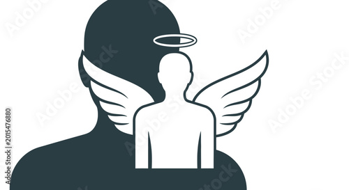 Fotografie Abstract silhouette of a person with angel wings and halo on a dark background