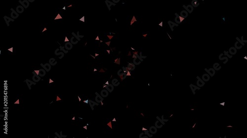 Explosion of Colorful Geometric Triangle Particles Flying Towards Camera on Black Background in 4K.