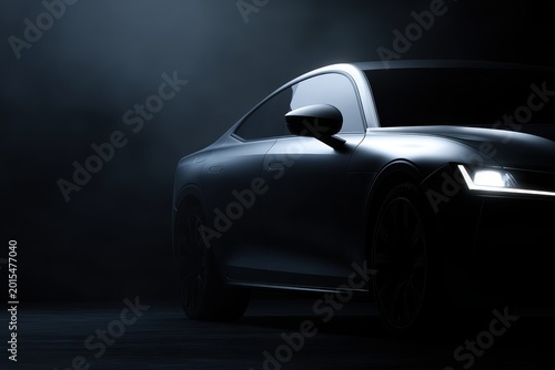 Gray modern car on dark background, automotive concept