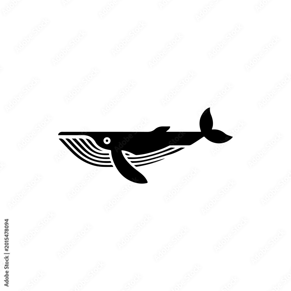 Obraz premium A black and white vector illustration of a humpback whale in a side-view silhouette. A clean, minimalist design featuring stylized baleen lines and a classic aquatic tail.