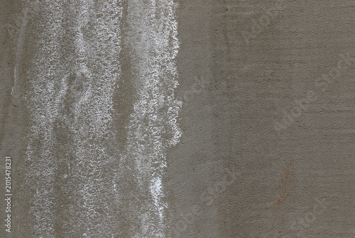 white efflorescence salt deposits on a grey concrete wall.