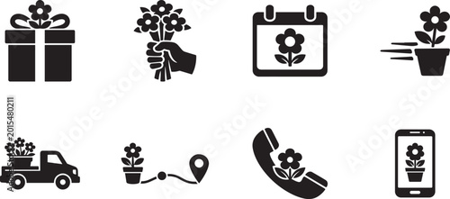 Obraz na płótnie Flower delivery icon vector set featuring flower ordering symbols, floral logo illustrations
