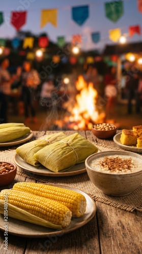 Traditional Brazilian Festa Junina Food with Pamonha, Corn on the Cob, and Canjica on a Rustic Table with Bonfire Background