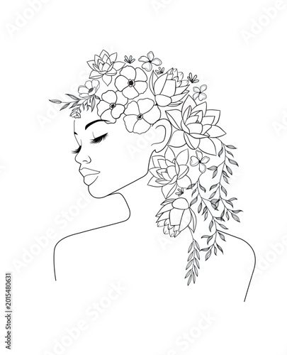 Beautiful woman with hair from flowers in lines
