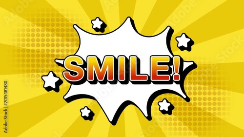 smile text word lettering popup comic cartoon reveal with bomb and smoke explosion manga anime book page dots with radial speed lines doodle yellow background with seamless loop animation retro 