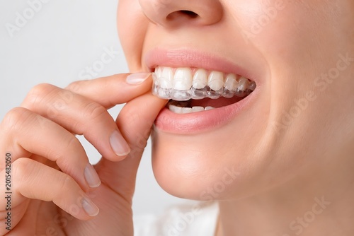 Young woman putting on transparent plastic dental aligner or invisible braces for teeth straightening, orthodontic treatment and dental hygiene concept.