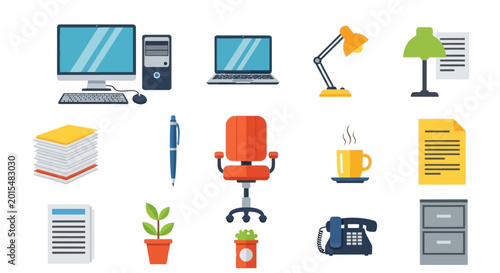 Bild auf Leinwand Office Supplies Icon Set: Computer, Laptop, Chair, Lamp, and Desk Items