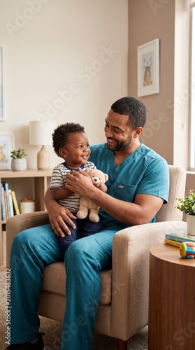 Smiling Male Nurse in Blue Scrubs Holding a Happy African American Toddler with a Teddy Bear