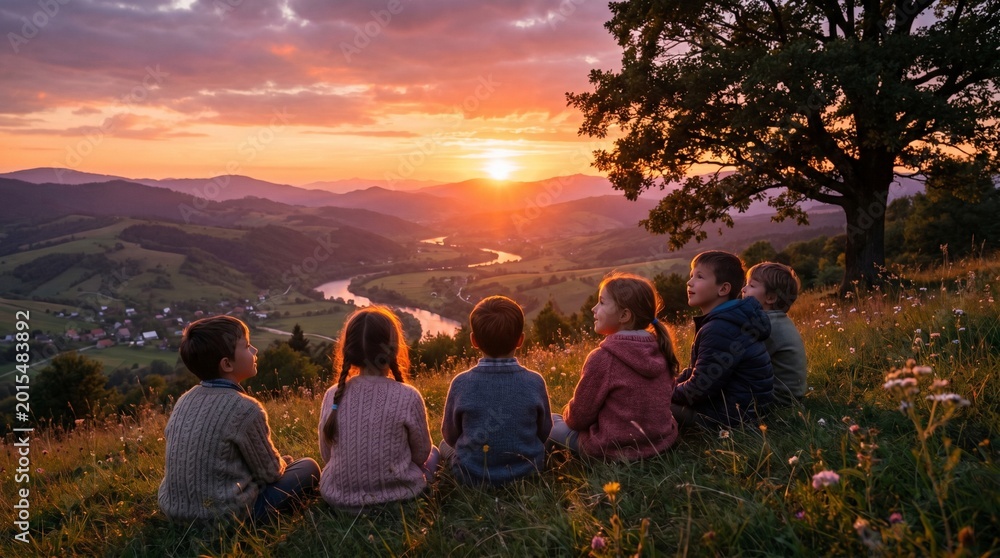 Obraz premium Group of children watching sunset from hillside with trees nearby 
