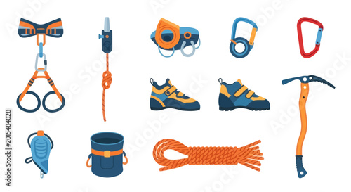 Tableau sur toile Climbing Gear Set: Harness, Ice Axe, Rope, Carabiners, Boots, and Helmet