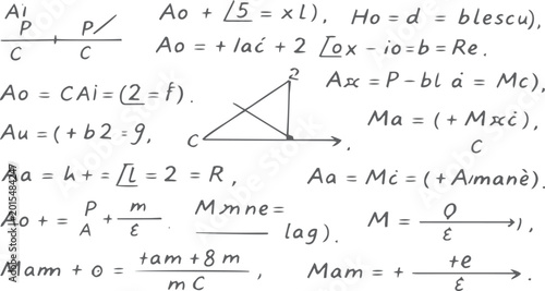 Bild auf Leinwand Hand Drawn Complex Mathematical Equations and Formulas on White Background, Advanced Mathematics and Science Calculation Doodle Texture