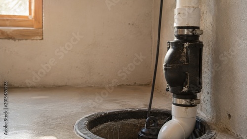 Black sump pump check valve connects white PVC discharge pipes above a basement drain basin on concrete floor near a window and wall indoors.