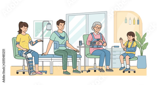 Rehabilitation and physical therapy session with patients of different ages using medical equipment for recovery and support