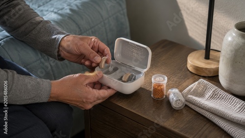 Hands place beige hearing aids into a white storage case with braille markings on a wooden bedside table, beside small supplies, cloth, and lamp.
