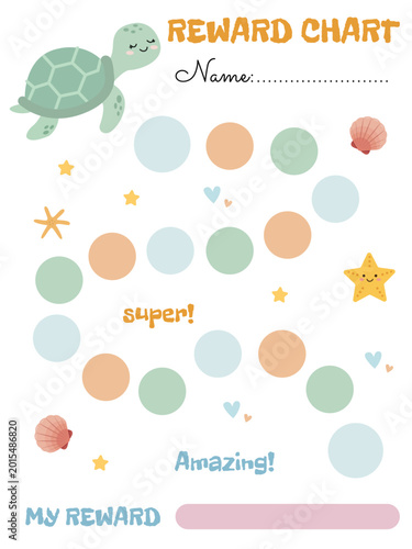 A colorful reward chart for kids featuring a cute little turtle, starfish, and seashells