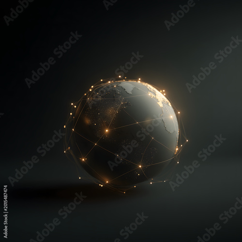 Global Digital Network Connection Concept Showing Earth Planet with Interconnected Golden Lines and Dots for Technology Business Communication