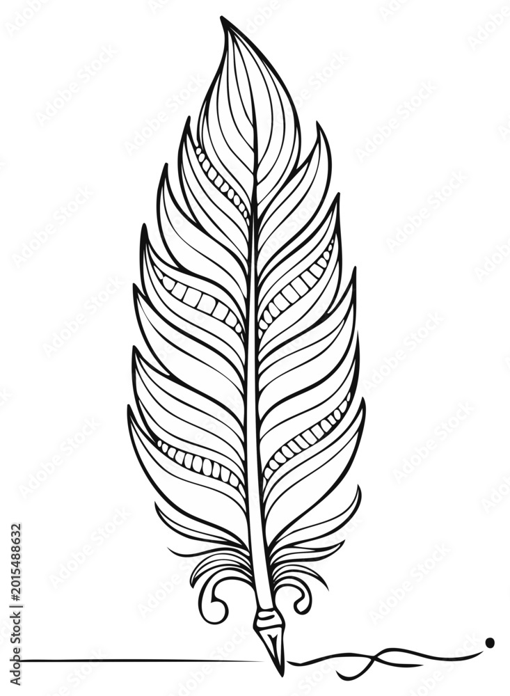 Fototapeta premium Decorative feather quill pen drawing a line, black and white vector line art
