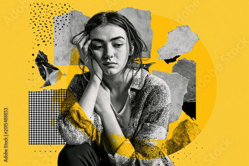 Sad young woman feeling lonely and depressed. Artistic collage design with abstract textures. Mental health concept representing emotional distress, anxiety and psychological struggle in modern
