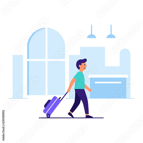 Vászonkép Man with suitcase walking in modern lobby, flat illustration, travel concept