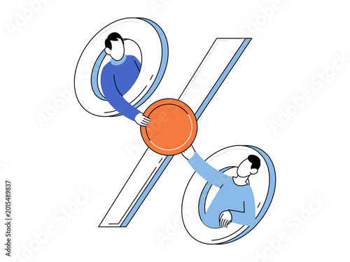 Obraz na plátne Two men holding a coin inside a percent sign vector illustration