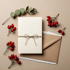 Festive blank cream invitation card with a charming twine bow, accented by natural red berries and green eucalyptus, ideal for seasonal messages and special events