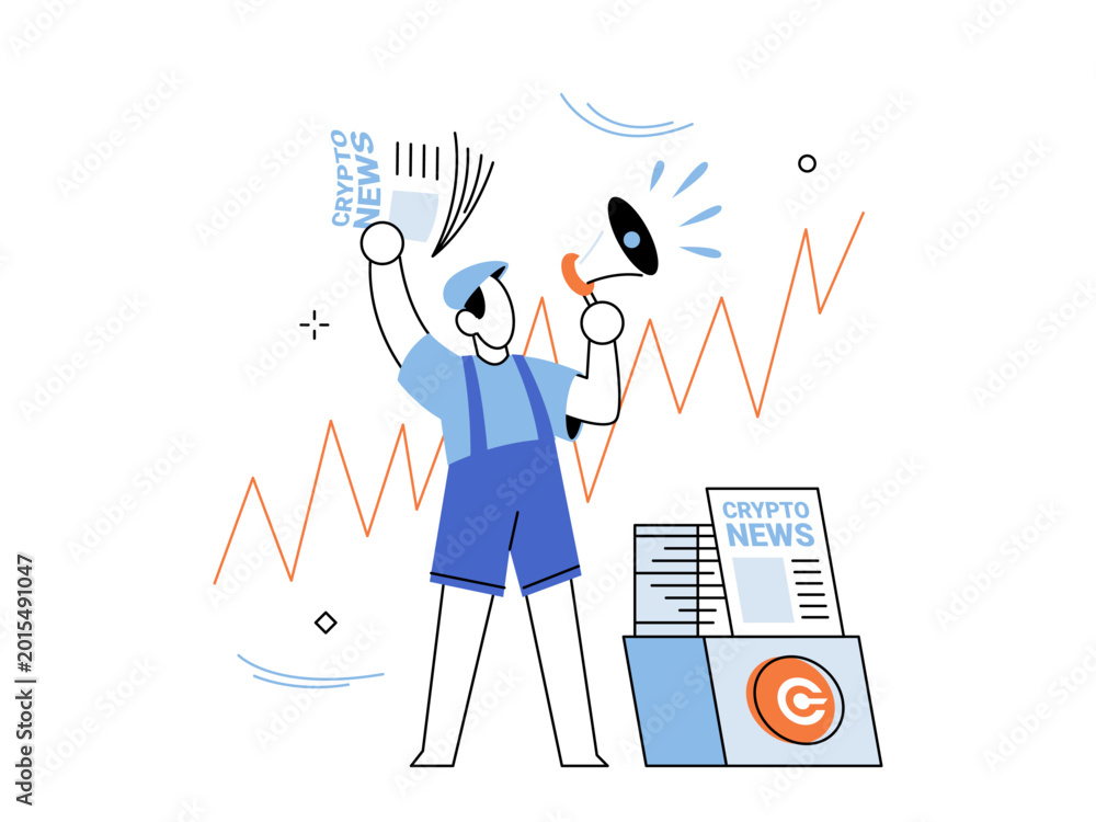 Fototapeta premium Newsboy shouting into a megaphone holding crypto paper vector illustration. Digital finance, market updates, blockchain trends, trading alerts, journalism, investment. Paperboy with bullhorn