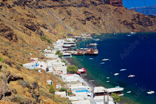 Panoramic view of Santorini Island and Volcano Nea Cameni. Cyclades, Greece